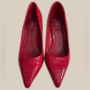 Vince Camuto Red Croc-Embossed Leather Pointed Toe Block Heel Pumps SZ 9M